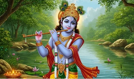 Lord Krishna playing flute near river in Vrindavan image