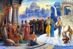 Lord Rama, Goddess Sita, and Lakshmana entering Ayodhya during Rama Rajya