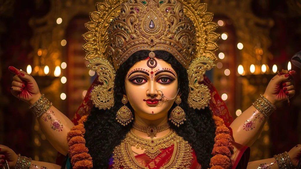 Beautiful Maa Durga idol with golden crown