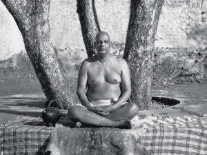 Swami Sivananda meditating peacefully beneath sacred trees outdoors