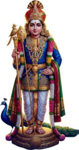 Lord Murugan standing with peacock and spear