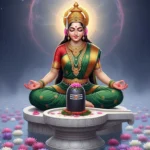 Goddess Parvati meditating beside sacred Shiva Lingam