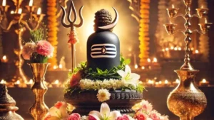 Sacred Shiva Linga decorated for Pradosha Vrat worship with flowers and lamps