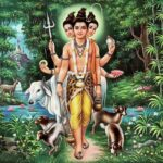 Lord Dattatreya with sacred cow and four faithful dogs