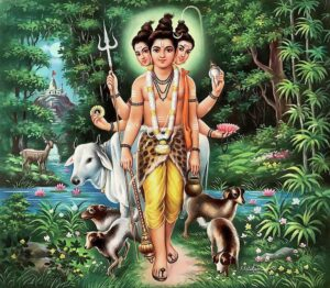 Lord Dattatreya with sacred cow and four faithful dogs