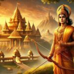 Lord Rama holding divine bow near temple