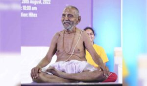 Narsi Mehta seated peacefully during spiritual discourse