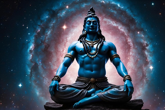 Lord Shiva meditating amidst divine cosmic universe radiance