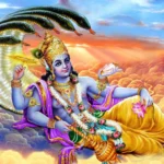 Lord Vishnu resting on Shesha above heavenly clouds