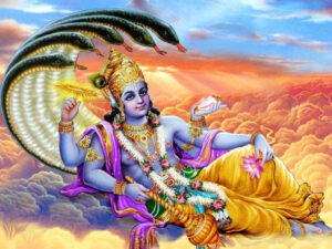 Lord Vishnu resting on Shesha above heavenly clouds