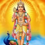 Lord Skanda standing with the Vel and peacock blessing devotees