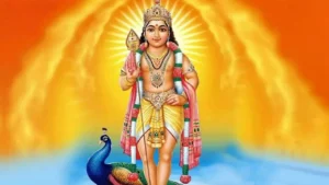 Lord Skanda standing with the Vel and peacock blessing devotees