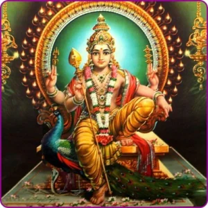Lord Skanda seated on a peacock holding the Vel and blessing devotees
