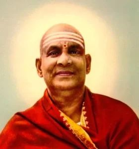 Swami Sivananda portrait with glowing halo background.