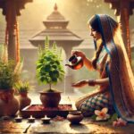 Woman worshipping sacred Tulsi plant with devotion