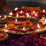 Decorated diyas glowing during the Deepavali festival celebration
