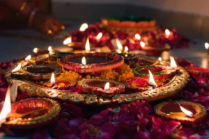 Decorated diyas glowing during the Deepavali festival celebration
