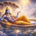 Lord Vishnu reclining on Sheshnag in ocean