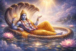 Lord Vishnu reclining on Sheshnag in ocean