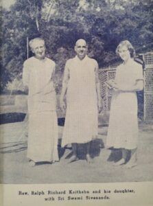 Swami Sivananda with Reverend Ralph Richard Kaithahn and daughter during spiritual meeting