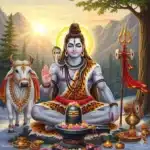 har har mahadev Lord Shiva meditating beside Shiva Lingam with Nandi bull, trident, and mountains at sunrise image