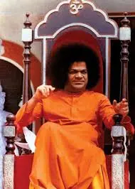 Bhagawan Sri Sathya Sai Baba seated on divine ceremonial throne