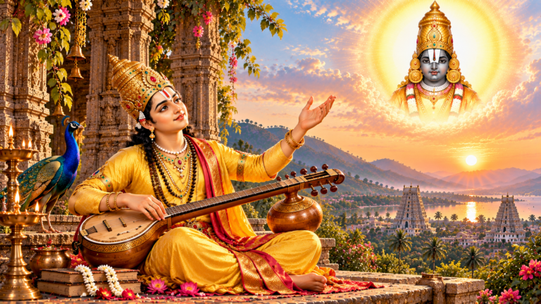 Golden Veena Devotee at Sunrise